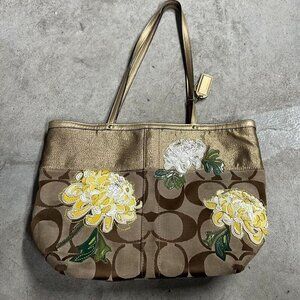 COACH Brown Signature Floral Embroidered Jacquard & Gold Leather Satchel Tote